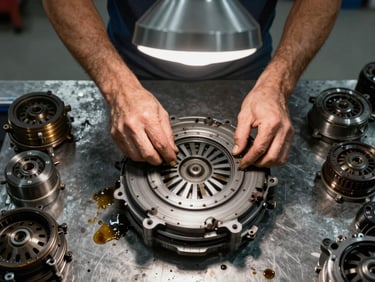 Tight overhead framing of a technician's hands pulling a worn clutch pack from a disassembled automatic transmission on a steel workbench, tungsten shop light from above, oil-stained components arranged in order of removal visible around the edges