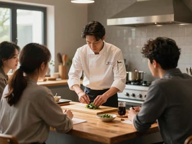A chef demonstrating a technique to a small group of engaged people around a wooden kitchen island, warm daylight.