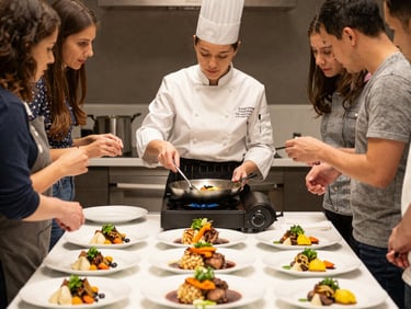 Wide environmental shot of a lively communal dining table inside a warm kitchen space, chefs and guests sharing artisanal dishes under soft golden lighting
