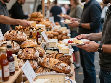A bustling indoor food market stall with colorful artisanal bread, cheeses, and sauces, hands exchanging plates.