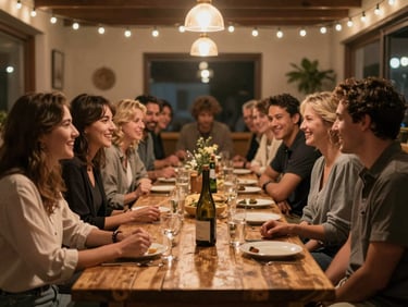 A long rustic table filled with guests smiling and talking under warm overhead string lights, cozy evening atmosphere.