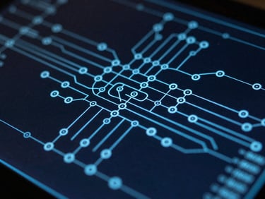 Macro close-up of a dark technical schematic screen displaying electric blue network nodes and pipeline metrics, sharp focus, 35mm