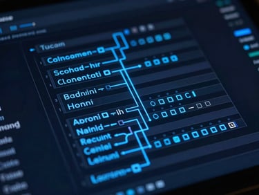 Structured database schema diagram overlaid with glowing blue data flow lines on a dark interface.