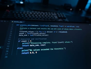 Macro shot of clean Python code execution on a dark IDE screen with sharp electric blue syntax highlighting, low-key cool-toned lighting, shallow depth of field