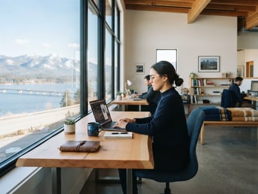 Crisp editorial photography of a modern, sunlit workspace in Sandpoint, Idaho, clean lines, professional and regionally grounded, 35mm.