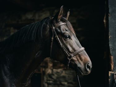 Low-key dramatic portrait of a black stallion, side-lit, deep dark sage shadows, rich leather tack detail, 35mm film.