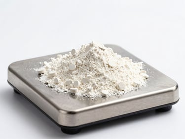 Raw white supplement powder perfectly leveled on a stainless steel laboratory scale, stark white background, harsh directional lighting