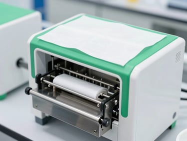 Bright clinical photography of automated stainless-steel wet wipes production line, sterile white laboratory light, fresh green accents, sharp focus, 35mm