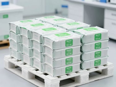Neat stack of export-ready wet wipe cartons on a clean white pallet in a bright daylit shipping bay, sterile white laboratory light, fresh green tones, sharp focus, 35mm