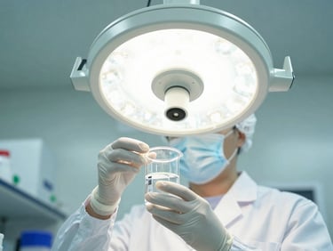 Laboratory technician in sterile white cleanroom testing liquid formulation in a clear beaker under bright clinical light, sterile white laboratory light, fresh green tones, sharp focus, 35mm