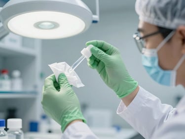 Close-up of a laboratory technician in a sterile white lab coat testing wet wipe liquid formulation, clinical white lighting, sharp focus, professional B2B style.