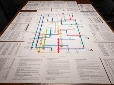 Extreme wide overhead flatbed shot of a large process documentation spread across a conference table — printed flow diagrams, annotated procedure sheets, colored marker lines connecting control points, studio strobe lighting from directly above casting no shadows, high contrast, no hands or people visible, only the ordered documents filling the frame edge to edge