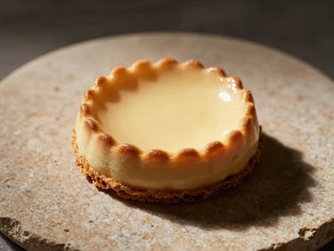 Architectural composition of a single plated dessert on a warm stone plate, macro shot, dramatic single-source side light.