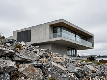 Modernist steel-frame residence anchored to a steep rocky hillside, sharp geometric lines, cool overcast daylight, wide-angle lens.