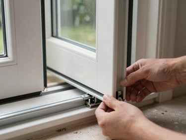 Hands lifting a UPVC sliding door panel to realign it on its bottom track, overcast daylight from outside, track debris visible on the floor, real residential doorway