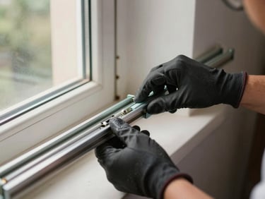 Close-up of a technician's gloved hands adjusting a UPVC sliding door track roller inside a real apartment in Noida, natural window light from the left, door frame and floor visible in the background, tight framing on the mechanism