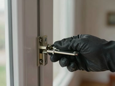 Close-up of a gloved hand testing a UPVC sliding door lock mechanism, natural window light, worn metal latch visible, real home hallway out of focus