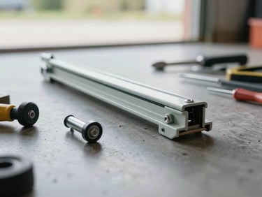 Close-up of a UPVC sliding door roller carriage removed from the track, placed on a clean garage floor next to a new replacement roller, natural overcast light from an open garage door, organized tools visible to the side
