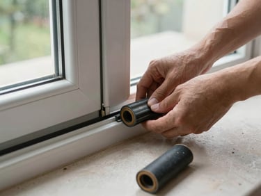 Hands pressing a new rubber gasket seal into the edge groove of a UPVC sliding door frame, natural daylight from the window, weathered old seal removed and placed to the side on the floor