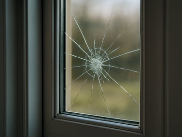 Close-up of a cracked double-glazed glass panel in a UPVC sliding door, spider-crack visible from impact, natural daylight silhouetting the damage from outside, the UPVC frame border sharp in focus around the break