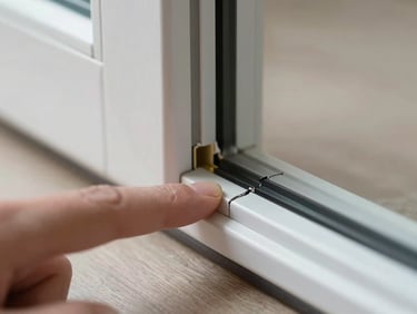 Macro close-up of a cracked UPVC door seal along the bottom edge of a sliding panel, daylight visible through the gap, a finger pressing the worn rubber gasket to show the split, neutral home floor visible below
