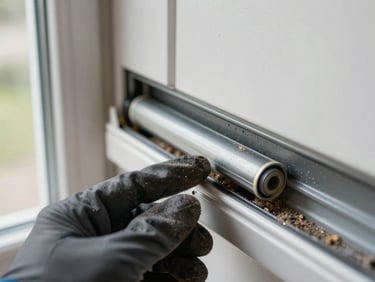 Tight close-up of a UPVC door track in a real home, grit and debris visible in the channel, a gloved hand pressing the roller carriage, natural window light from the left side, shallow depth of field on the mechanism