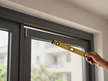 Wide shot of a UPVC sliding door frame in a real Noida apartment, the panel visibly dropped at one corner creating an uneven gap at the top, natural daylight from outside, a spirit level held against the frame by a technician's hand