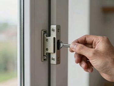 Close-up of a UPVC multipoint lock mechanism on a sliding door, the latch visibly seized, a technician's hand holding a flat-head tool at the latch face, overcast natural daylight from a nearby window, real home interior blurred behind