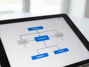 Tight macro shot of a clean digital tablet interface displaying operational flowcharts, bright natural window light, sharp focus