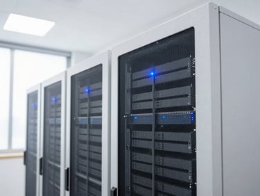 A modern server rack room with clean white lighting, focusing on a single glowing blue status indicator, high-key corporate style