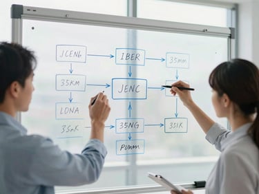 A professional team sketching a technical system map on a glass whiteboard, bright natural daylight, 35mm lens, sharp focus