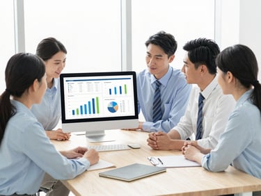 A professional team collaborating around a modern wooden desk, looking at clean analytics on a monitor, bright daylight