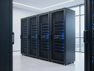 Modern server rack room with soft blue indicator lights, clean architectural lines, professional high-key lighting