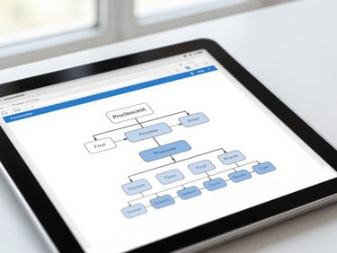Close-up of a professional tablet showing process flowcharts and data analytics, clean digital interface, natural window light