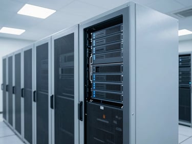 Modern university library or campus server room, clean minimalist design, soft blue and white lighting