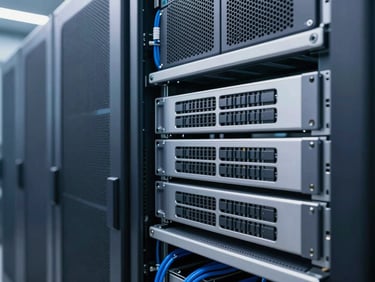 Sleek enterprise server racks with clean blue cable management, architectural perspective, sharp focus