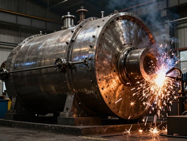 Low-angle heroic shot of a massive steel fire-tube boiler shell in mid-assembly inside a dark industrial workshop, sparks flying from welding torch on the right, high-contrast amber lighting.