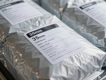 Close-up of secure industrial packaging with shipping labels ready for global export, high-contrast clean lighting.