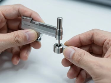 Close-up of a quality control engineer using a micrometer on a small machined metal part, cool industrial lighting.