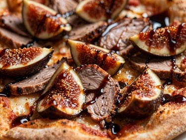Extreme macro close-up of a pizza slice with smoked duck, caramelized figs, and balsamic glaze, high-contrast chiaroscuro lighting.