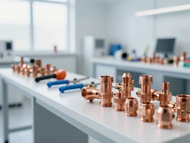 Clean commercial photography of a bright, modern professional HVAC workspace with organized copper fittings and tools, bright natural daylight, 35mm