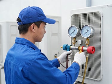 An HVAC technician in a clean uniform using precise digital manifold gauges to check refrigerant pressure on an outdoor unit