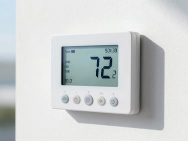 A clean modern digital thermostat mounted on a crisp white wall displaying 72 degrees, bright natural daylight, sharp focus
