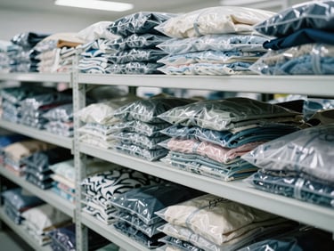 Rows of neatly folded and packed garments in clear bags, organized on shelves in a clean finishing department, bright cool industrial daylight, 35mm