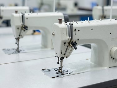 Detailed shot of multiple industrial sewing machines on a clean production line, focus on the stitching area, bright cool daylight, high contrast, 35mm