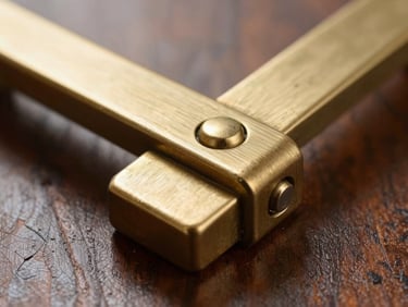 Macro photograph of brushed brass architectural hardware, matte metallic finish, sharp focus, dramatic side-lighting.