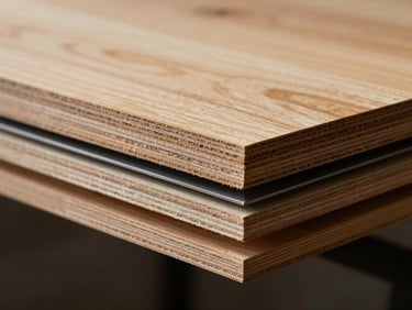 Dramatic side-lighting on a cross-section of multi-layered calibrated plywood, rich wood grains, shallow depth of field