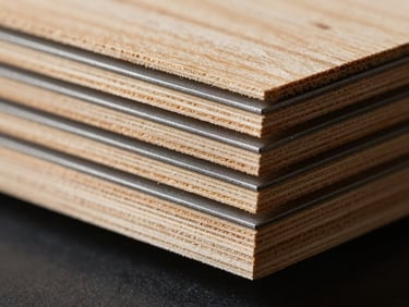 Macro shot of multi-layered calibrated plywood edge, showing precise uniform veneers, dramatic side-lighting