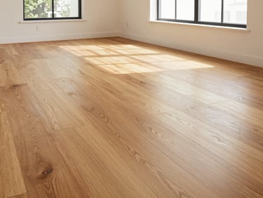 Low-angle architectural shot of newly installed warm oak hardwood flooring in a bright modern home, daylight streaming through windows, sharp focus, 35mm