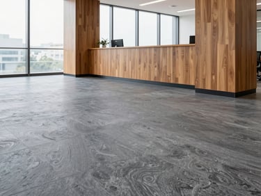 Clean architectural shot of high-traffic commercial LVP flooring in a bright modern office lobby, cool slate tones, daylight, sharp focus, 35mm